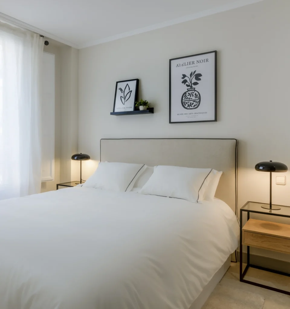 Un dormitorio minimalista con una cama individual, con ropa de cama blanca, dos lámparas de noche negras, cuadros sobre el cabecero gris. Una ventana con cortinas transparentes blancas.