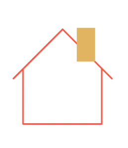 Un contorno de casa dibujado con líneas rojas, con un rectángulo marrón que representa una chimenea a la derecha del tejado.