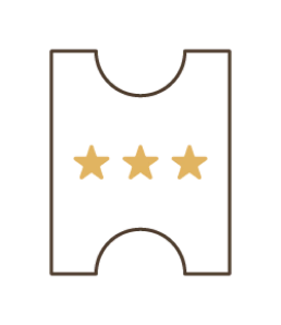 Un sencillo icono de un billete perfilado en negro con tres estrellas amarillas en el centro, que representa una entrada.