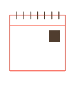 Sencillo dibujo de un calendario con borde rojo, anillos negros en la parte superior y una fecha resaltada en negro en la esquina superior derecha.