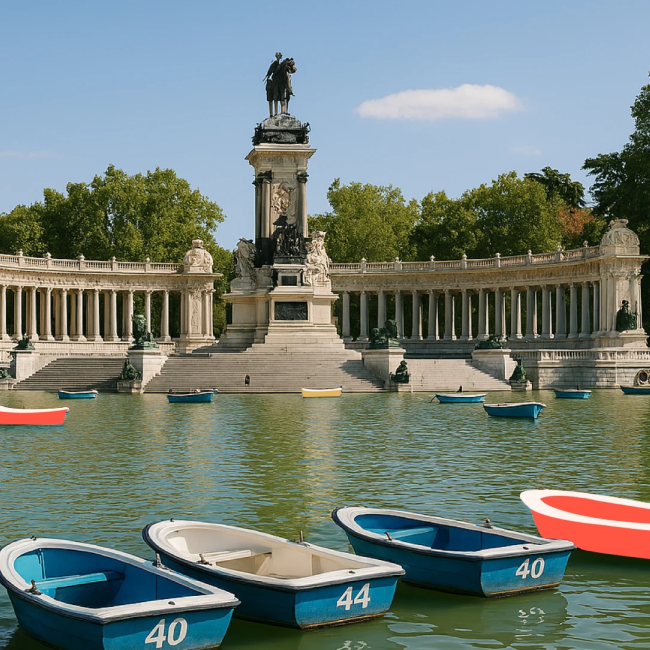 Tres botes de remos azules y dos rojos flotan en el estanque del Parque de El Retiro de Madrid, España.