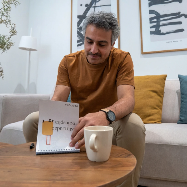 Un hombre de pelo canoso sentado en un sofá, mirando un cuaderno sobre una mesa de madera. Sobre la mesa hay una taza de café y un bolígrafo; al fondo, cojines de colores y obras de arte enmarcadas.