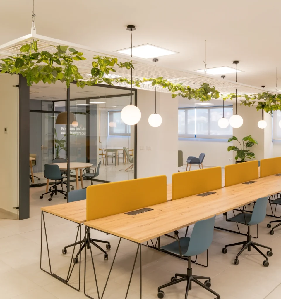 Una oficina moderna con mesas de madera, separadores amarillos, sillas azules, lámparas redondas colgantes, vegetación en el techo, una maceta y una sala de reuniones con paredes de cristal al fondo.
