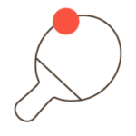 Dibujo lineal sencillo de una pala de tenis de mesa con una pelota de ping pong roja encima.