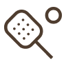 Sencillo dibujo lineal en marrón de una pala de ping-pong con pequeños puntos en la cara y una pelota situada encima y a la derecha de la pala.