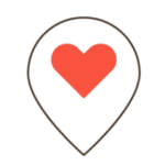 Un corazón rojo centrado dentro del contorno de un alfiler de mapa negro, que simboliza un lugar asociado con el amor o el cariño.
