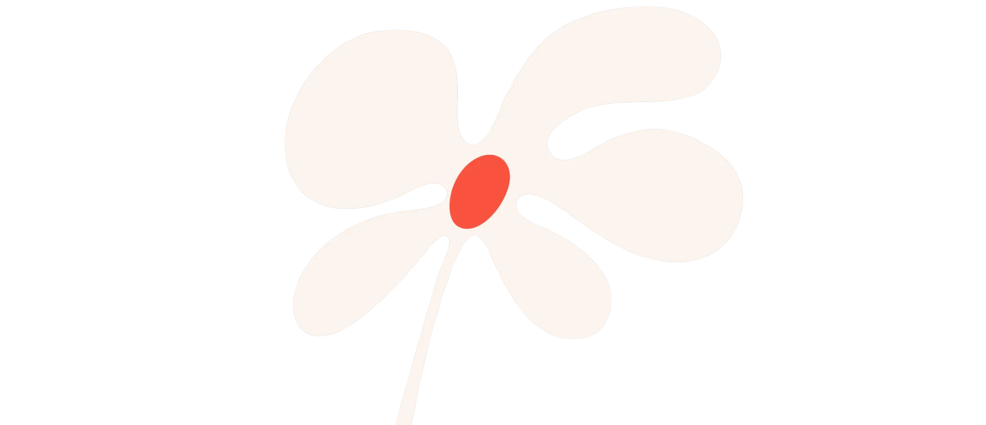 Ilustración sencilla de una flor con cuatro pétalos grandes y redondeados de color crema y un centro ovalado rojo, unida a un tallo delgado y curvado de color crema sobre fondo transparente.